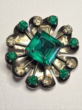 Leo Glass Sterling Green Floral Brooch